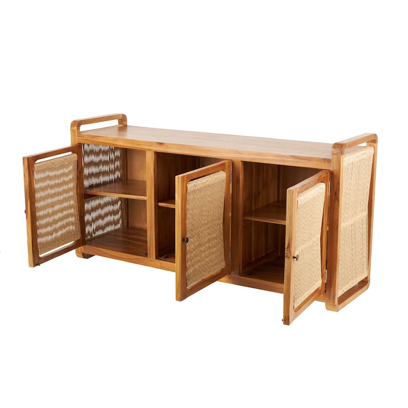 Teak Wood Handmade 3 Door Cabinet with Rattan Front and Sides - Brown - Roche River Decor - 18"W x 63"L x 32"H