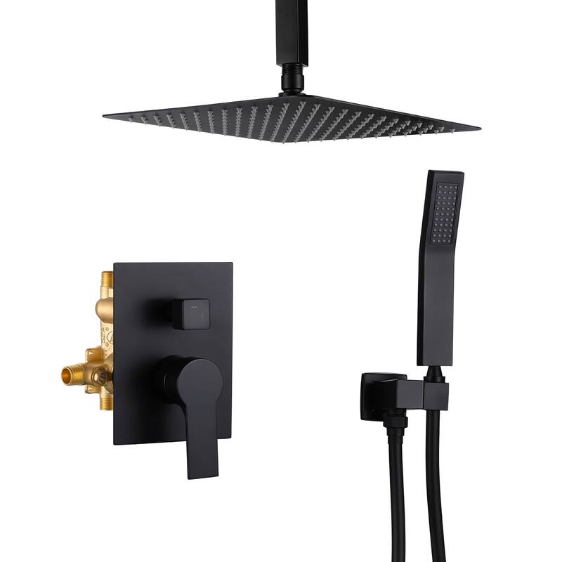 Ceiling Mount Shower Faucet Set With Hand Shower Rainfall Shower System Set 12 Inch Shower Head Set With Pressure Balance Valve - Matte Black