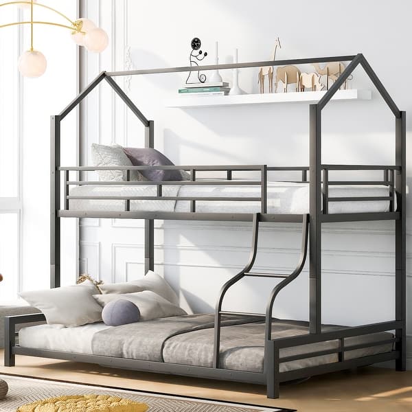 slide 2 of 12, Black Metal House Bunk Bed with Roof, Ladder and Fence for Kids, Boys and Girls Black