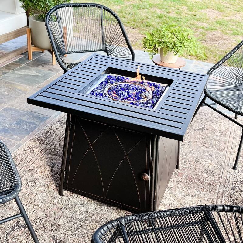 Sophia & William Gas Fire Pit Table, 28 50,000BTU Progane Fire Pits Table with Blue Fire Glass and Lid, Black - Black