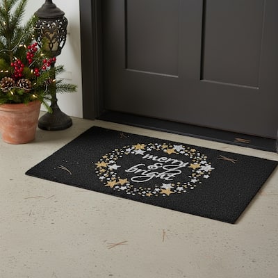 HomeRoots 17" X 29" Black Gold And White Christmas Merry and Bright Outdoor Coir Door Mat - 17.00' X '29.00