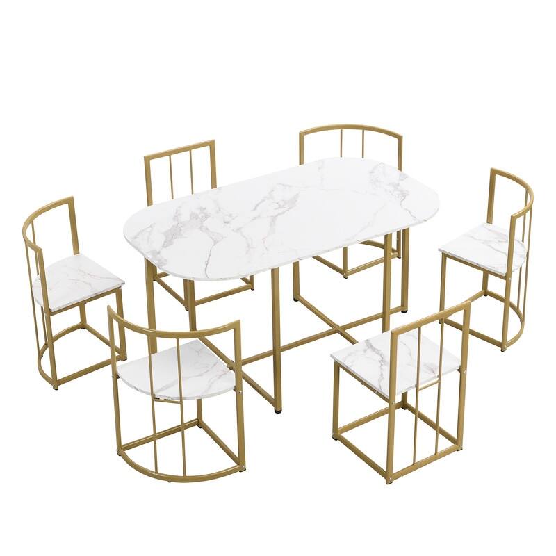Mid-Century 7-Piece Dining Table Set for 6 People, Kitchen Dining Room Table Set with Faux Marble Dining Table and 6 Chairs
