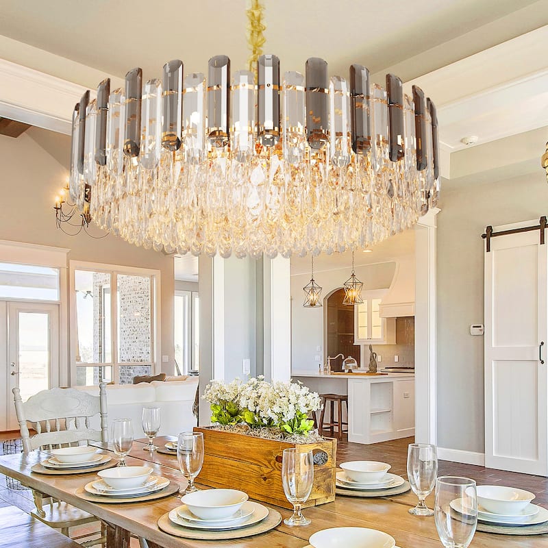 Round Layer Shining Crystal Ceiling Chandelier Lamp with 3 Color Lighting Pendant Light Fixture
