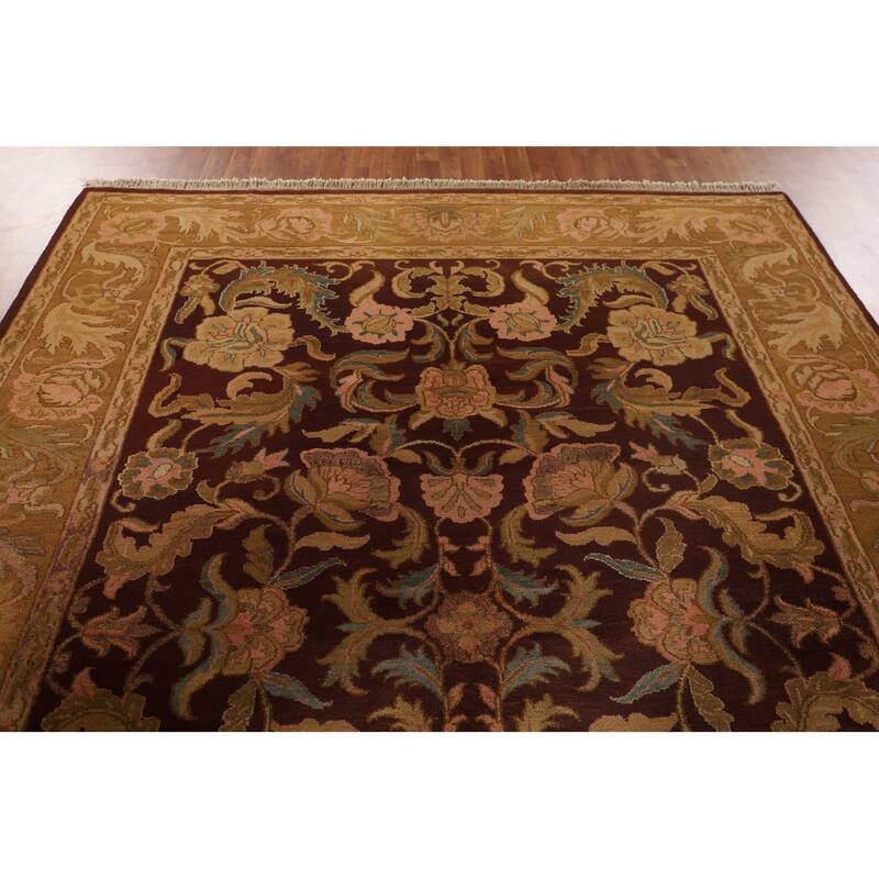 Burgundy Floral Agra Indian Area Rug Handmade Wool Carpet - 7'11"x 9'11"