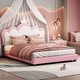 preview thumbnail 31 of 37, Twin Upholstered Platform Bed with Crown-Shaped Headboard, Pink & White Princess Design, Sturdy PU Leather Frame