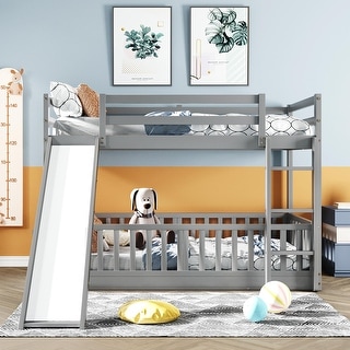 Twin Over Twin Bunk Bed with Removable Floor Bed and Bottom Guardrails, Fun Kids Loft Bed Frame with Ladder and Slide
