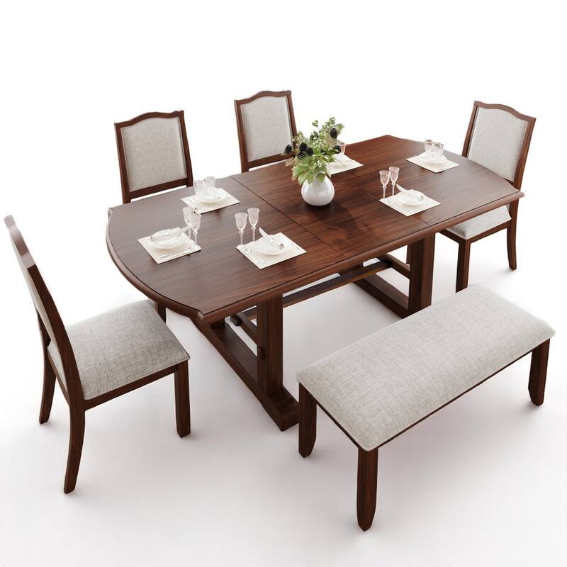 Extendable 6-Piece Dining Set with 78" Wood Table, 4 Upholstered Chairs, and Bench, Seats 6-8 Guests