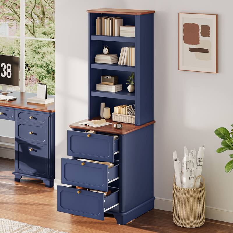 Moasis Farmhouse 71" Bookcase with 3 Drawers, 4 Tiers Open Shelves Bookshelf for Living Room - Blue