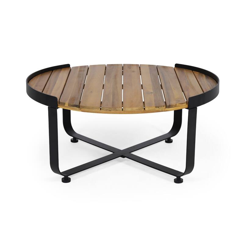 Roomfitters Modern Round Coffee Table with Teak-Style Wood Surface and Sleek Metal Base, Teak