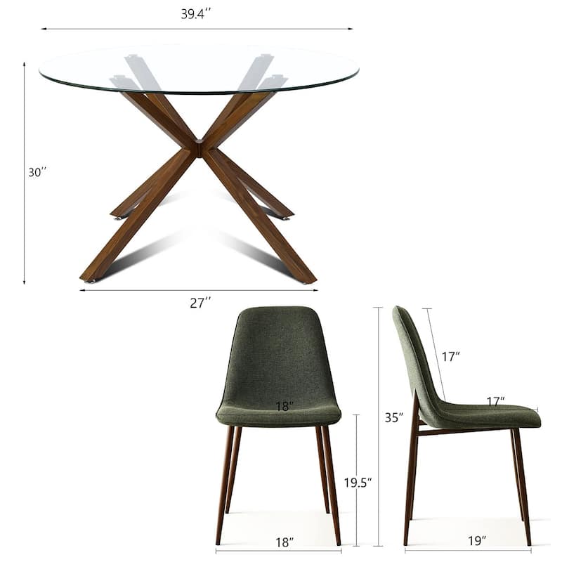 Modern Round Glass Table Set for 4 with Upholstered Dining Chairs