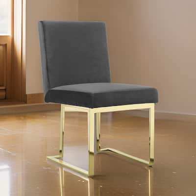 Boly 24 Inch Side Dining Chair Set of 2, Gray Velvet, Gold Cantilever