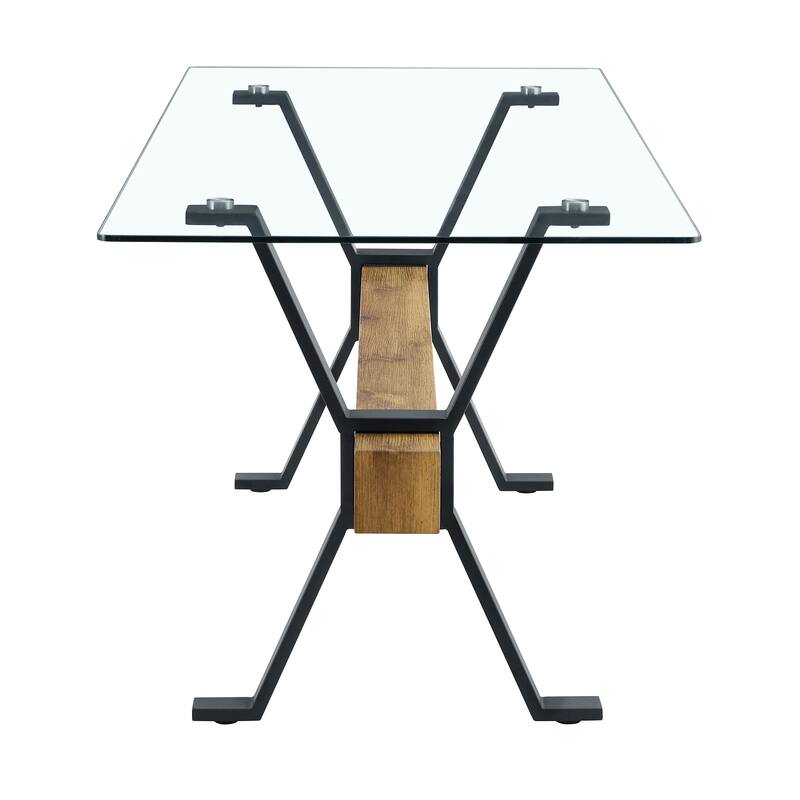 Elegant Transparent Tempered Glass Dining Table,With X-Shaped Metal Table Legs,Wood Grain Textured Mdf Crossbeam