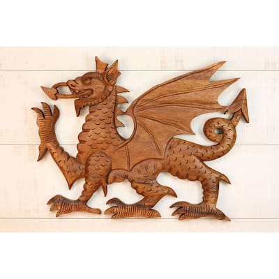 13" Wooden Dragon Wall Art - Hand Carved Mythical Figurine, Rustic Fantasy Wall Decor Sculpture