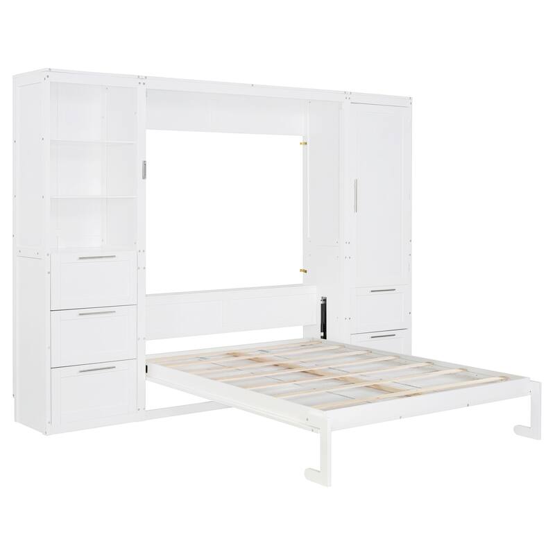 Queen Size Murphy Bed Hidden Bed with Wardrobe Drawers Shelves