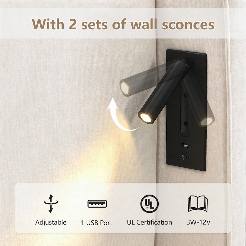 Upholstered Bed Frame with High Wingback Headboard,Reading Lamp and USB port