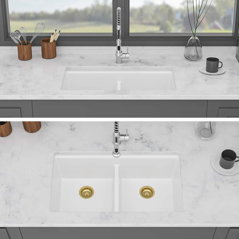 Undermount Double Bowl Quartz Kitchen Sink in White - 33'' x 19'' x 9.65''
