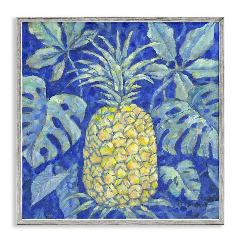 Stupell Tropical Pineapple on Blue Framed Giclee Art Design By Paul Brent - 12 x 12 - Grey