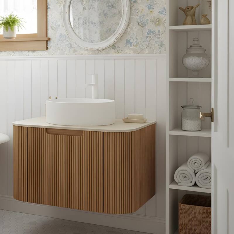 Wall Mounted Bathroom with White Round Ceramic Basin and Drawer