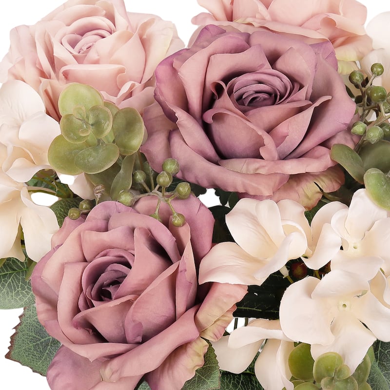 Set of 2 Dusty Mauve Artificial Mixed Rose Hydrangea Flower Stem Bush Bouquet 19in - 19" L x 12" W x 12" DP