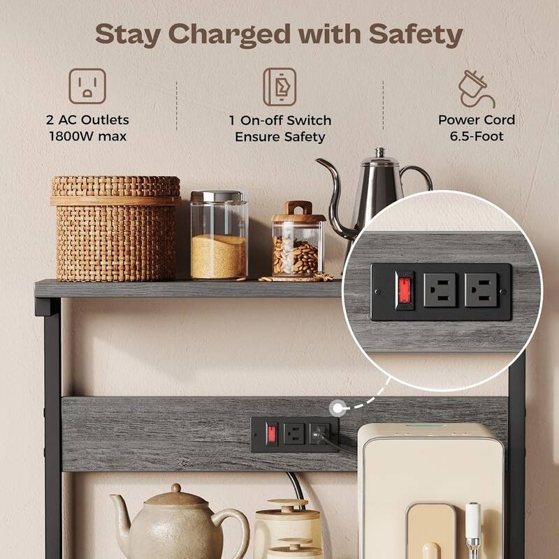 Kitchen Bakers Rack with Power Outlet, Coffee Bar Table 4 Tiers - 16.5"D x 23.6"W x 50.6"H