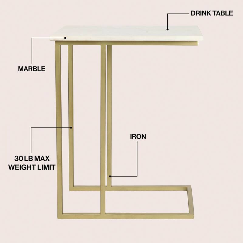 Caius 24.25" Industrial Metal C-Shaped End & Side Table w/ White Marble Top, By JONATHAN Y