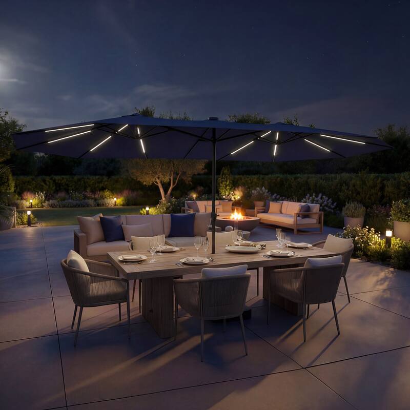 15FT Solar LED Double-Sided Patio Umbrella with Base, 12 Light Strips, 2000mAh - Navy