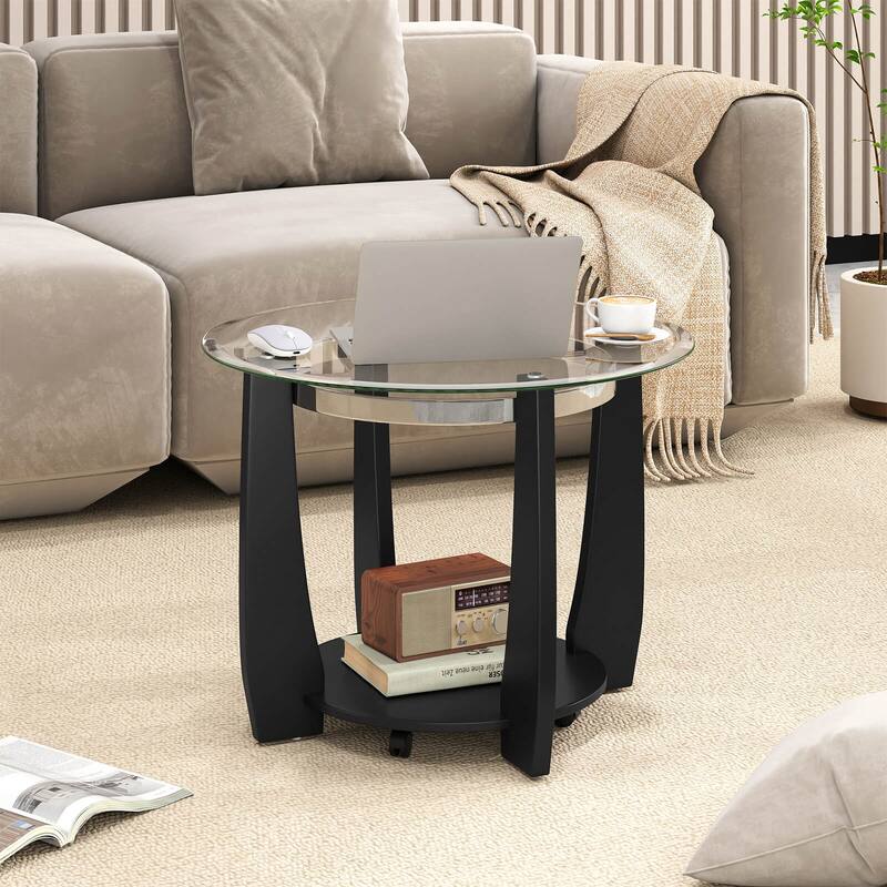 Costway 32” 2-Tier Glass Coffee Table with Tempered Glass Top Bottom - See Details