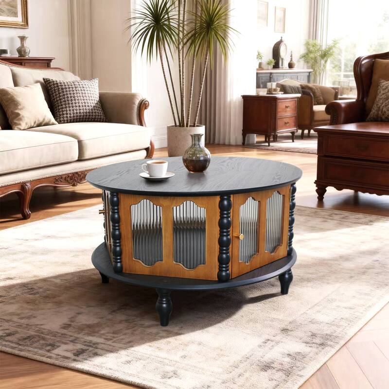 31.5-inch Round Three-Door Storage Coffee Table, Modern Real Wood Veneer Coffee Table, Suitable for Living Room