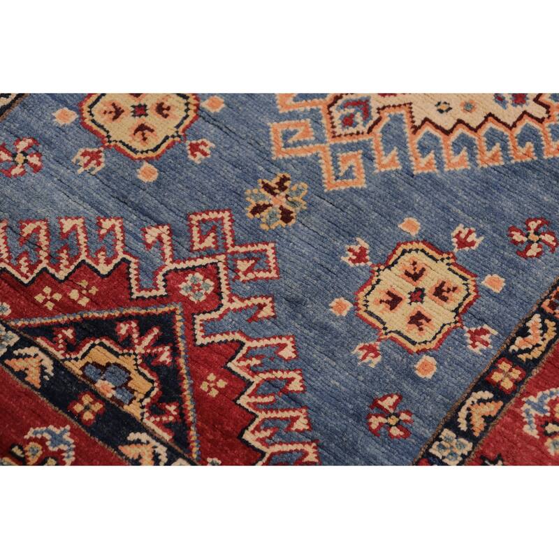 Caucasian Super Kazak Kiara Light Blue/Red Hand Knotted Wool Runner - 2'11'' x 9'8''