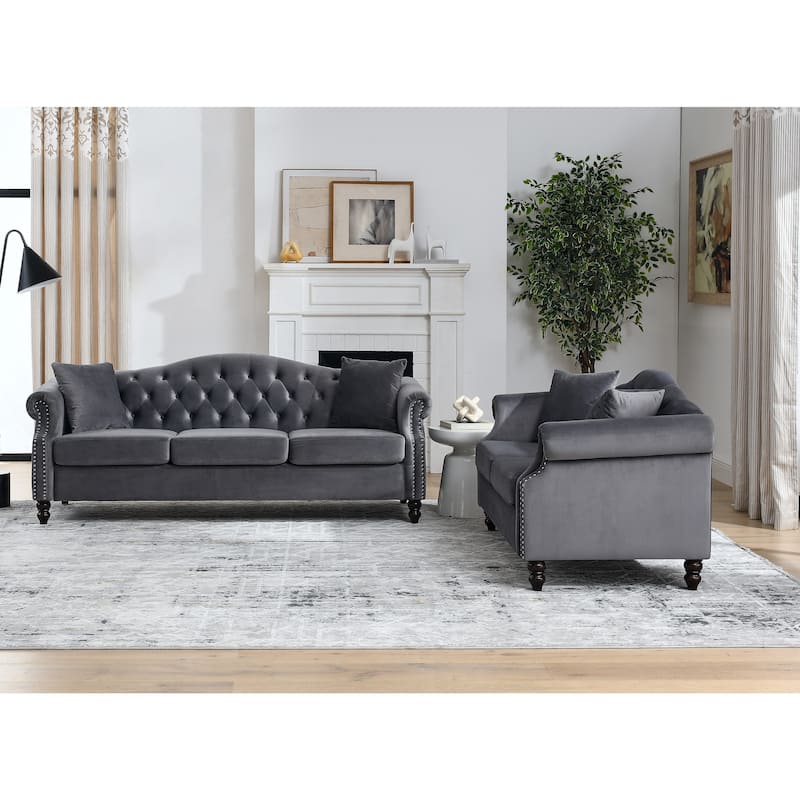 2-Piece Chesterfield Velvet Sofa Set (3+2) with Tufted Back & Nailhead Trim