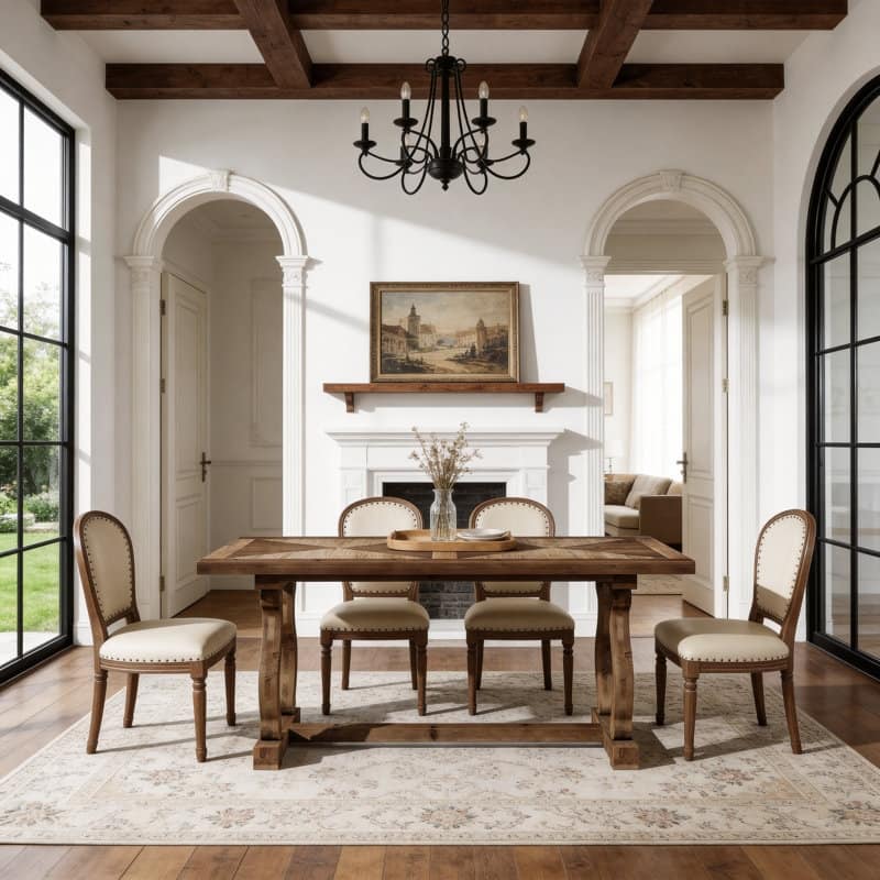 63" Solid Wood Dining Table for 4-6, Diamond Parquetry Top and S-Scroll Legs