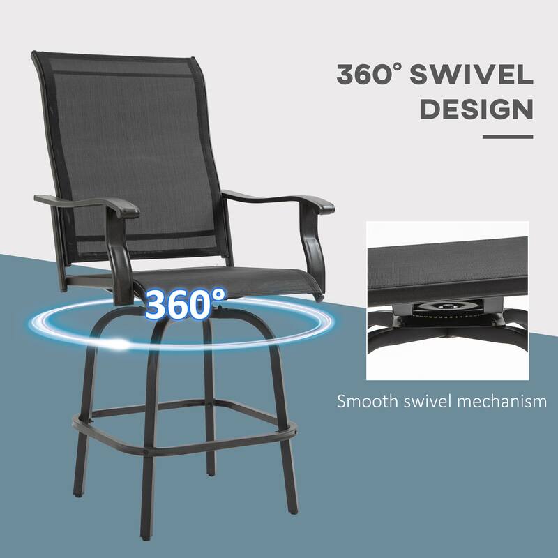 Outsunny Set of 2 Outdoor Swivel Bar Stools with Armrests, Bar Height Patio Chairs with Steel Frame for Balcony, Poolside - N/A