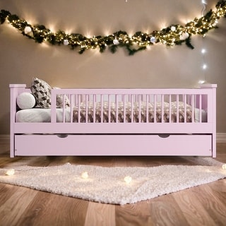 Wood Twin Size Platform Bed with Guardrail,Trundle and Open Fence Design,Kids and Baby