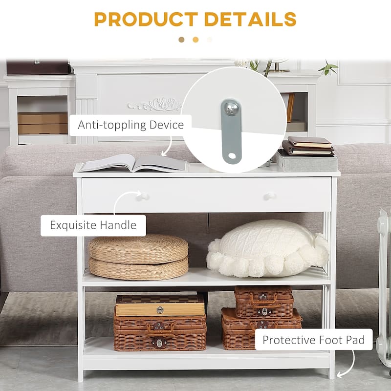 Console Hallway Table with Extra Wide Pull Out Drawer - White
