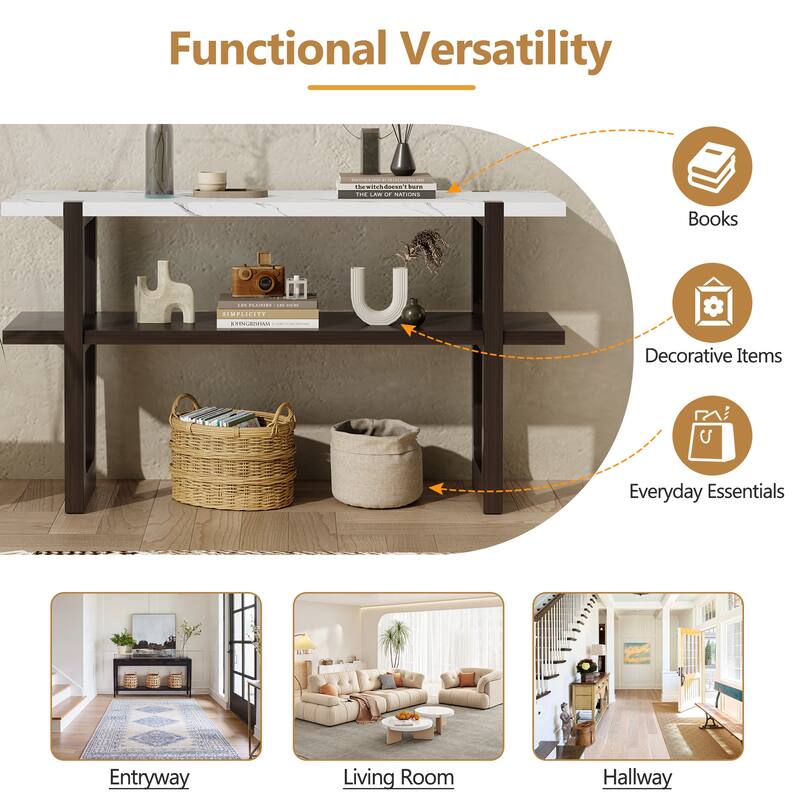 Wooden Narrow Console Table with Marble Effect Top, 54" Retro Rectangular Entryway Sofa Table with Open Shelf