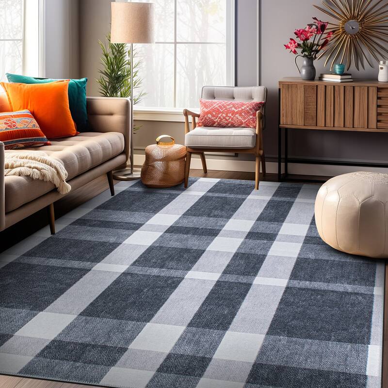 Contemporary Modern Plaid Machine Washable Area Rug