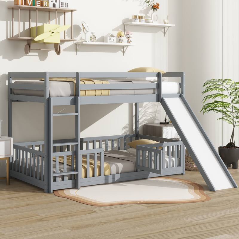 Twin Over Twin Floor Bunk Bed Wood Bunk Bed Frame with Slide, Ladder, Door Openable Fence, Safety Guardrails