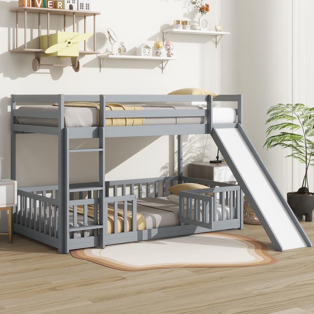 Twin Over Twin Low Bunk Bed with Convertible Slide and Ladder, Wooden Low Bunk Bed Frame, Versatile Floor Fence Bunk with Door