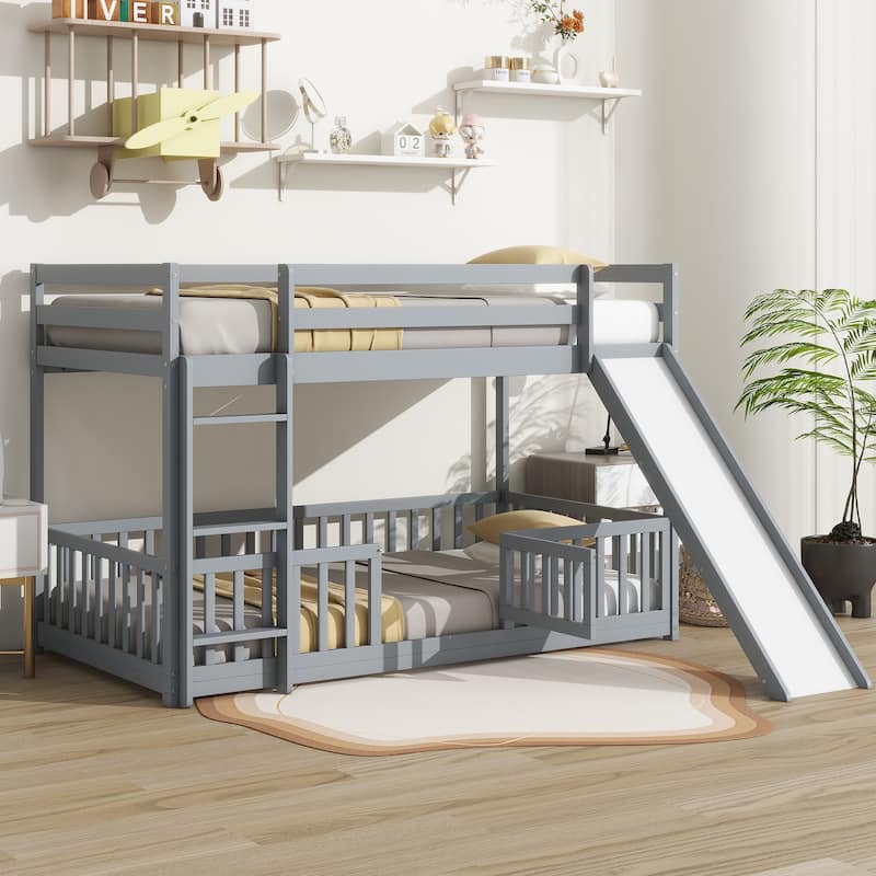 Twin over Twin Size Wooden Bunk Bed with Slide & Ladder & Door, Safety Guardrails Floor Bed, White
