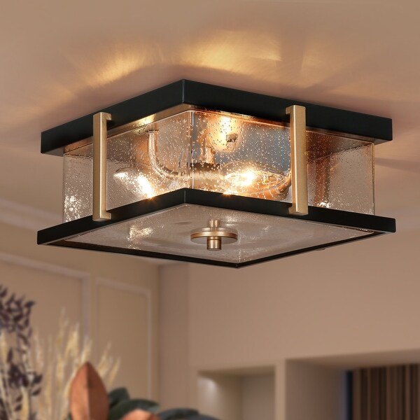 3 Light Modern Black Gold Glass Flush Mount Square Shape Ceiling Lights 12 L x 12 W x 5.5 H