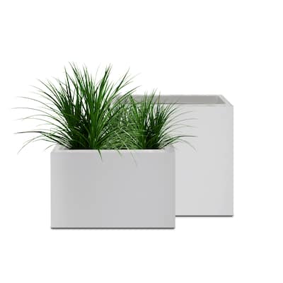 Kante 24", 20" Long Rectangular Lightweight Pure White Concrete Metal Planters (Set of 2)