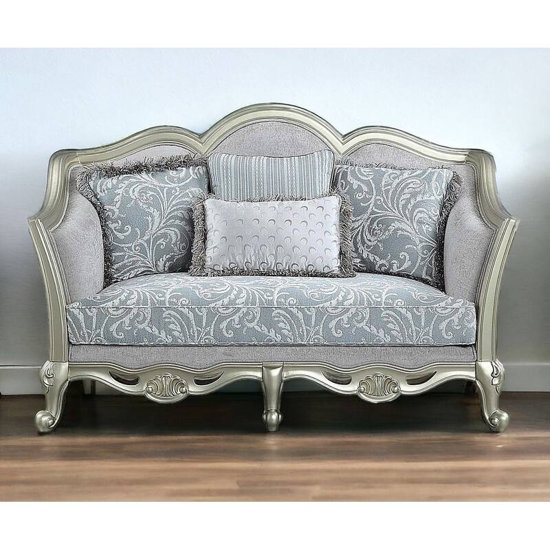 HomeRoots 66" Light Gray And Champagne Linen Damask Loveseat and Toss Pillows - 66.00 in. x 42.00 in. x 36.00 in. - Light Gray