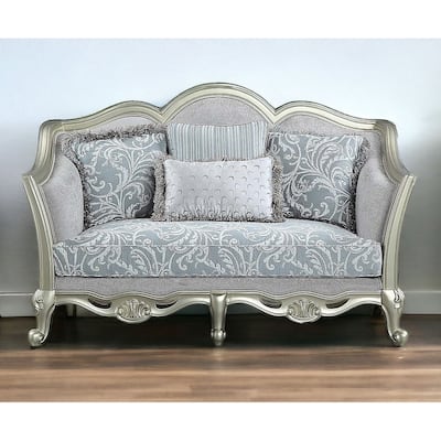 HomeRoots 66" Light Gray And Champagne Linen Damask Loveseat and Toss Pillows - 66.00 in. x 42.00 in. x 36.00 in.