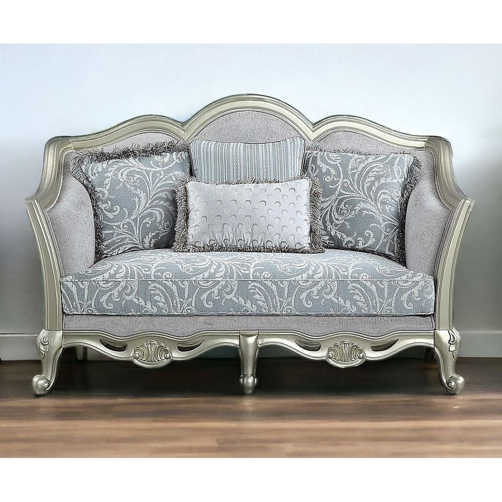 HomeRoots 66" Light Gray And Champagne Linen Damask Loveseat and Toss Pillows - 66.00 in. x 42.00 in. x 36.00 in.