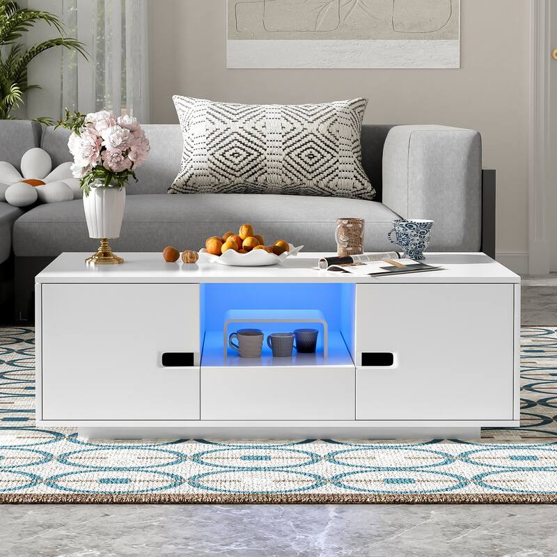 Modern High Glossy Rectangle Coffee Table, Stylish Center Table with Storage Space, Accent Furniture with 16 Color LED Lights