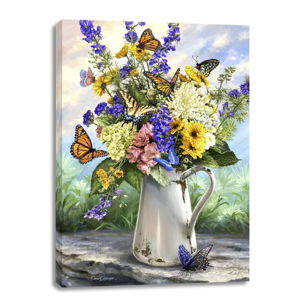 Blue Yellow Butterfly Blossoms Canvas Wall Art Decor 24"x18"