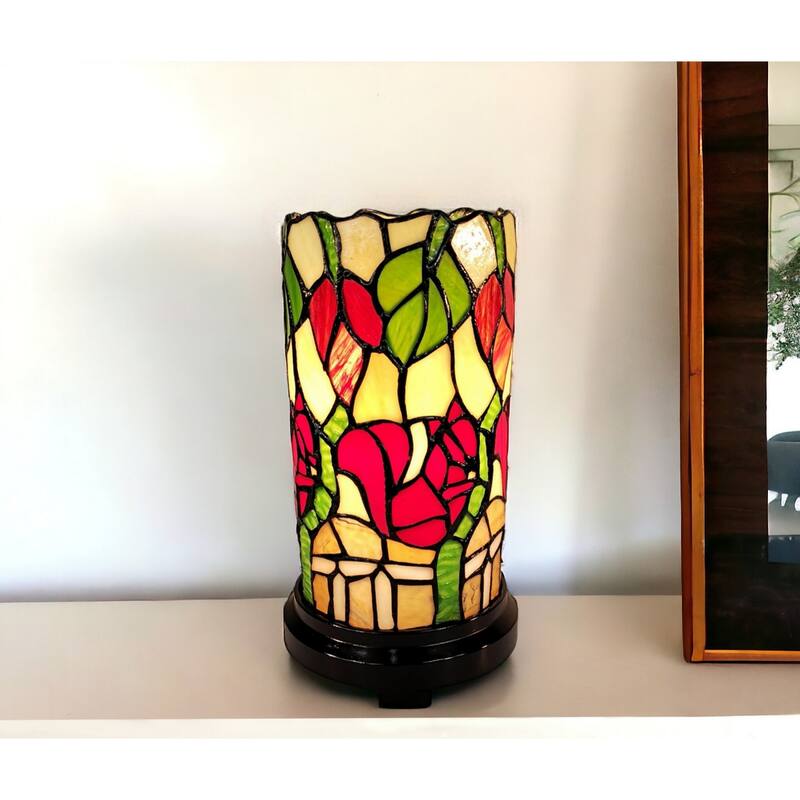 Multicolor Resin Table Lamp with Red Stained Glass Floral Shade - 6” x 6” x 10.5” (D x W x H)
