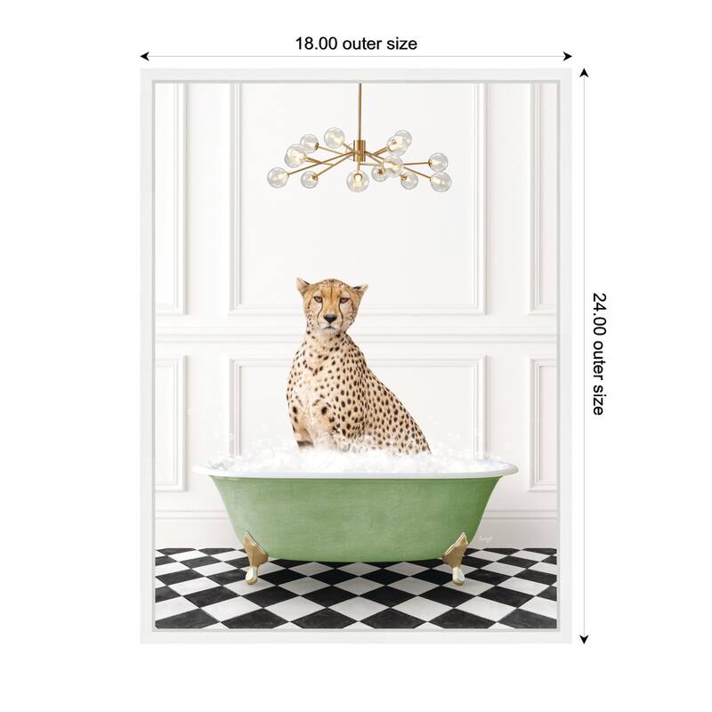 Kate and Laurel Sylvie Cheetah in Green Bathtub Checker Floor Framed Canvas by Amy Peterson