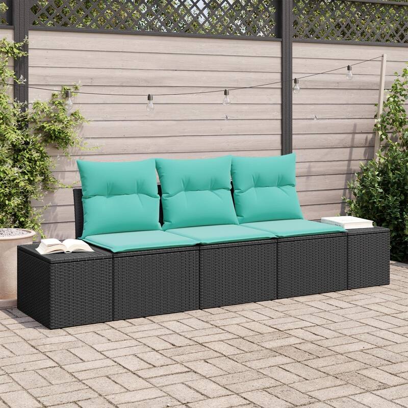 vidaXL 3 Piece Garden Sofa Set with Cushions Black Poly Rattan - 94 x 24 x 46 in