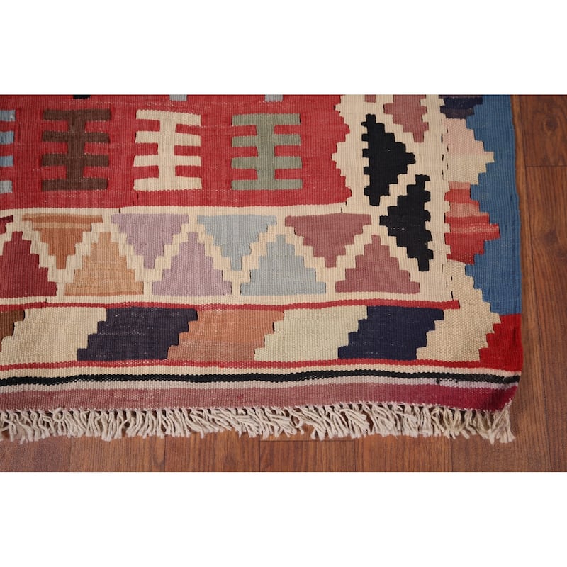 Geometric Kilim Qashqai Persian Vintage Rug Hand-Woven Wool Carpet - 3'4"x 4'10"